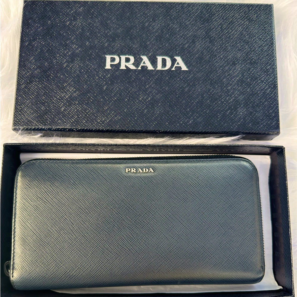 Authentic PRADA Blue Saffiano Continental Wallet Dark blue
